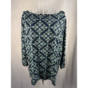 Ann Taylor Top Womens XL Navy Blue Floral Medallion Boat Neck 3/4 Sleeve Blouse